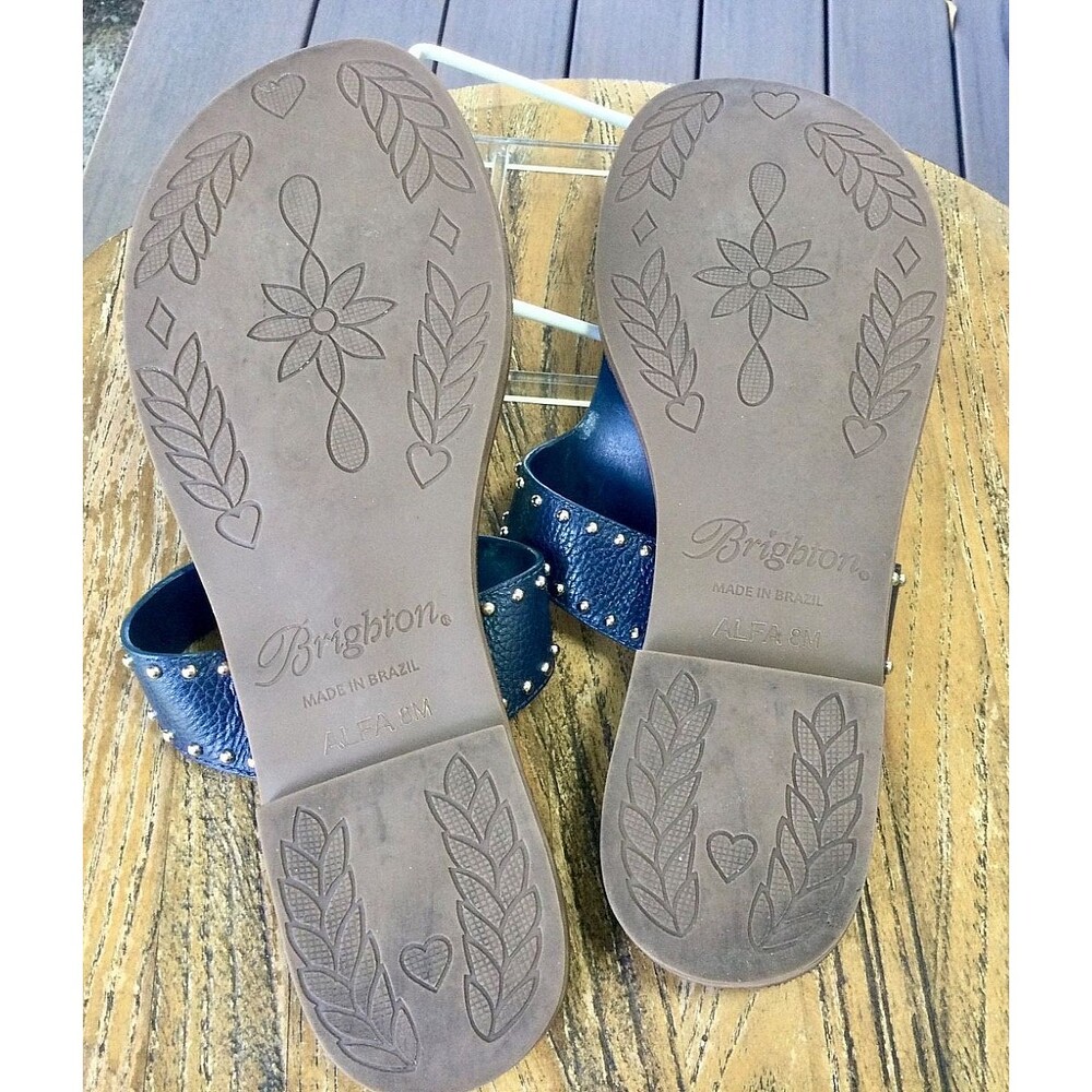 Brighton Size 8 Navy Sandals Pebbled Leather Contempo Alfa Thongs Studded Straps - Picture 9 of 9